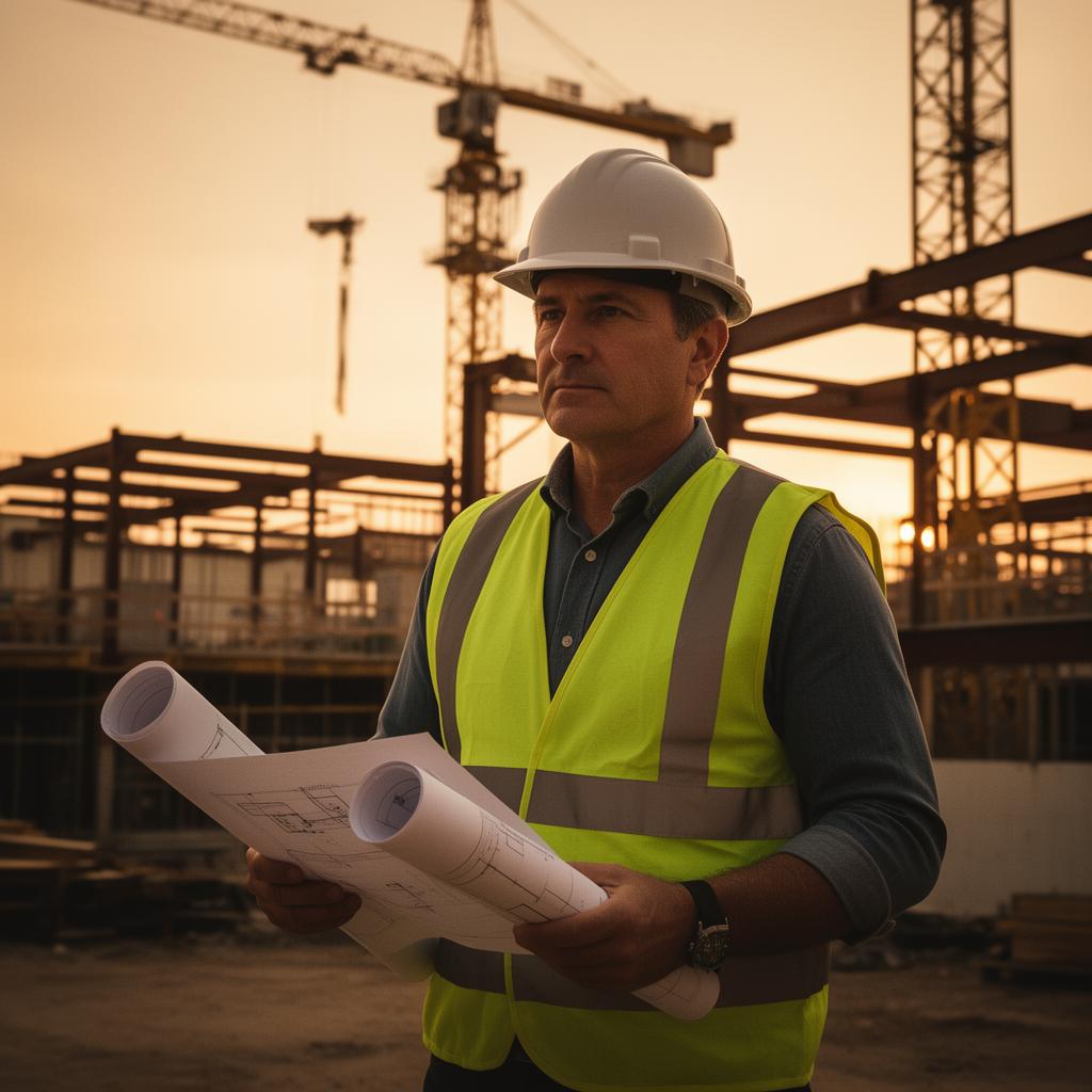 Construction project manager on jobsite at sunset